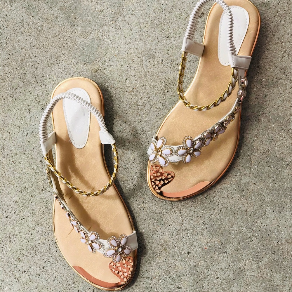 Italina Atalina White & Braided Gold Embellished Between The Toe Floral Sandal - Picture 5 of 8